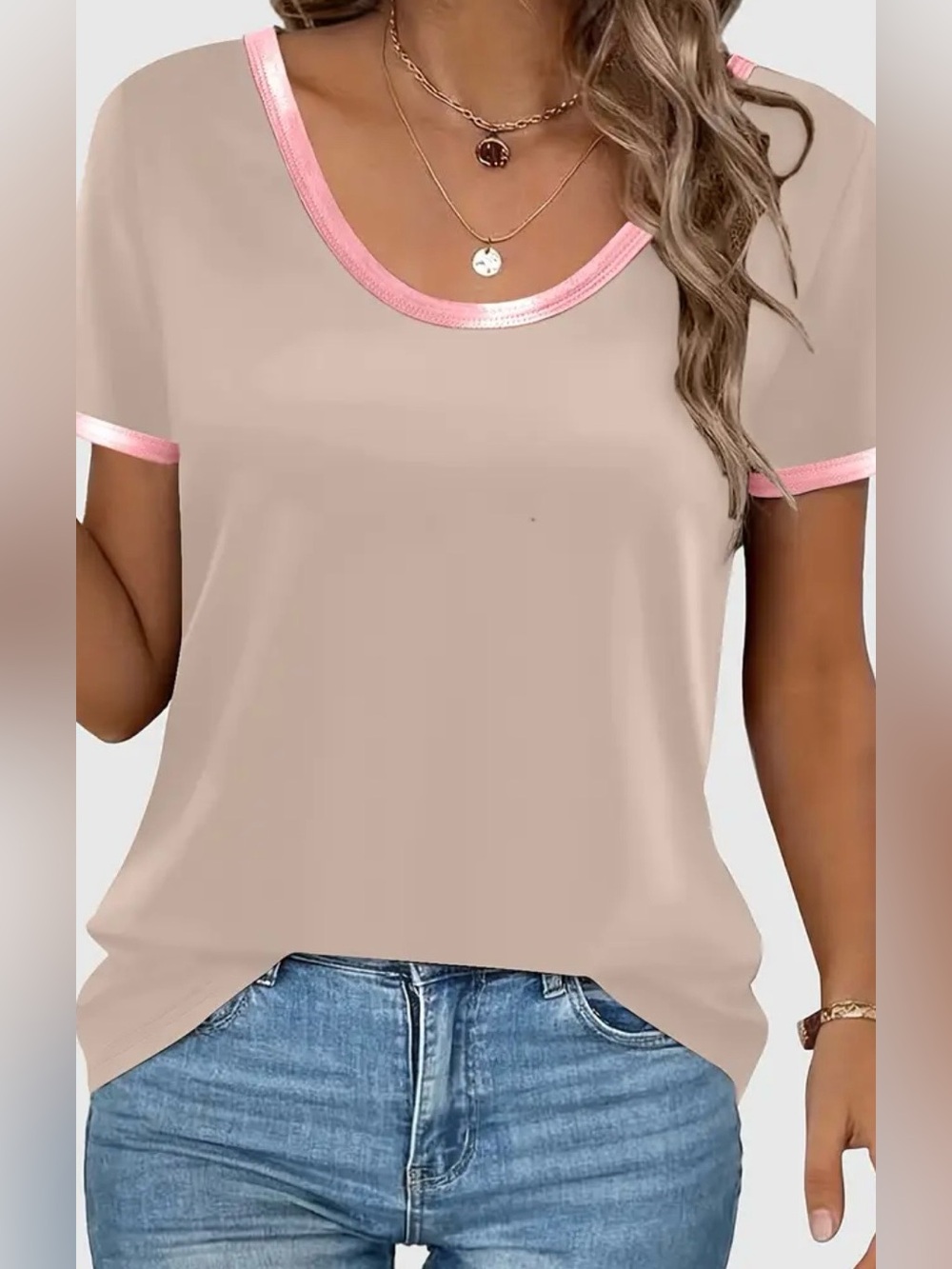 Women's Neutral Short Sleeve Top Pink glittery Trim

Looks darker in lighting